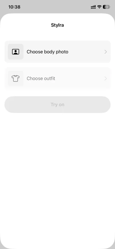 Stylra app screen to choose a body photo and an outfit