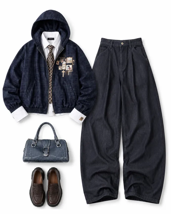A navy hooded jacket, wide-leg jeans, handbag and loafers laid out as an outfit
