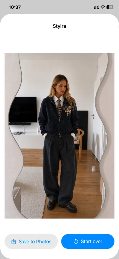 Photorealistic result of a woman wearing the chosen outfit in Stylra